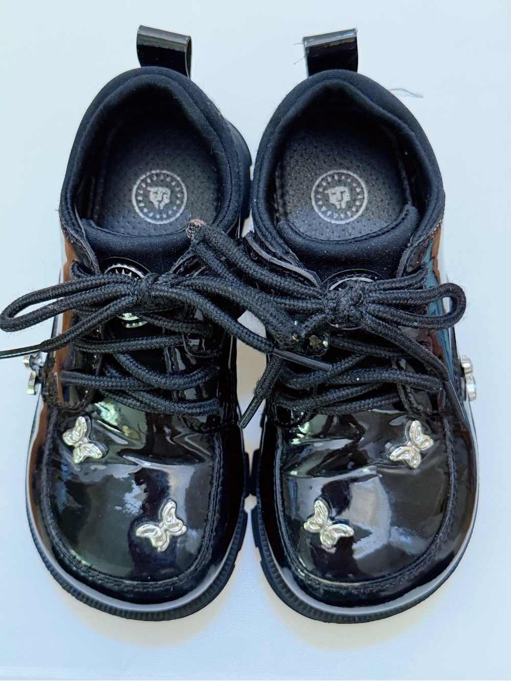 Kids Black Patent Lace-Up Shoes with Silver Butterfly Accents